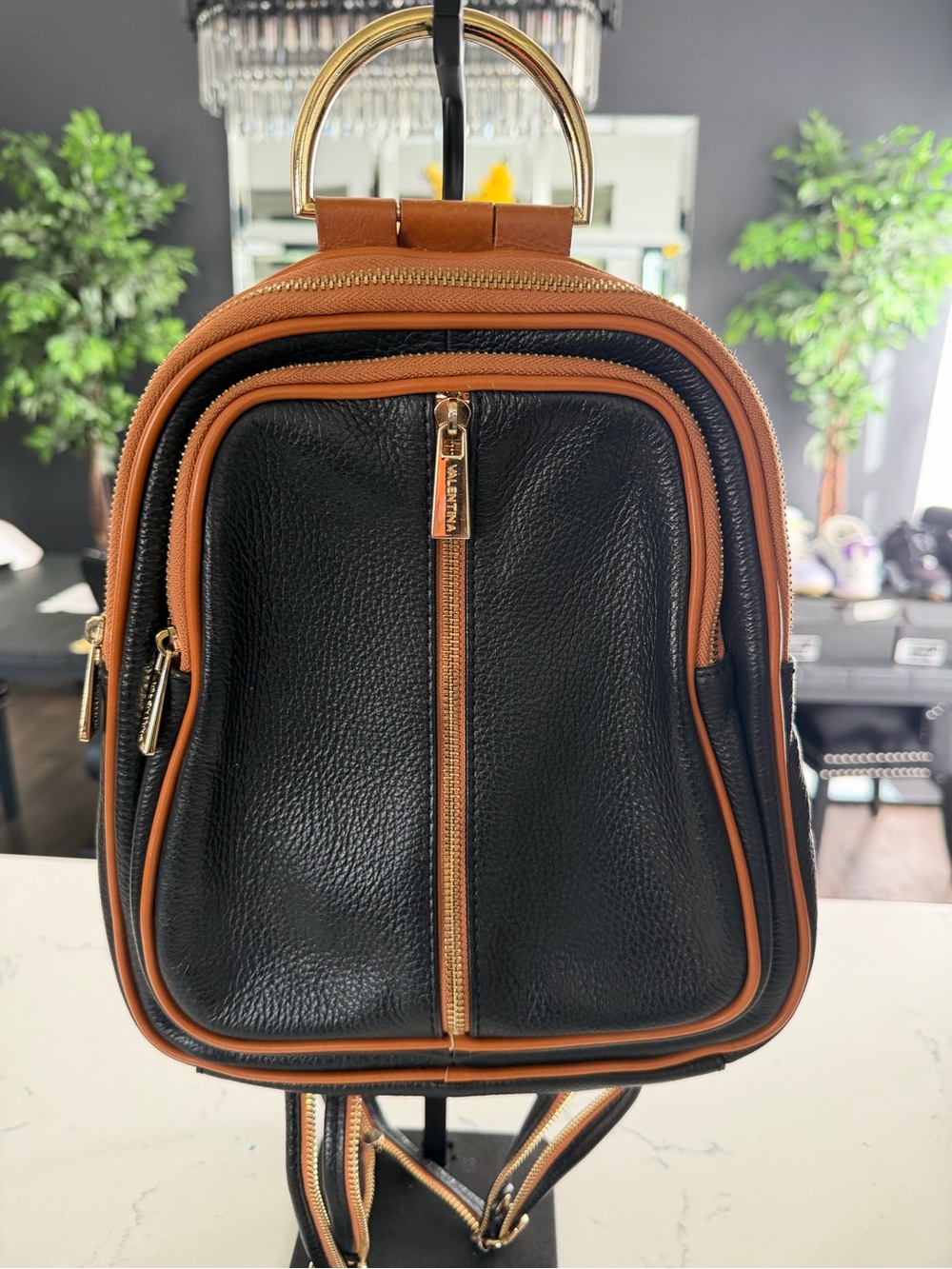 Valentina Black and Tan Leather Backpack with Gold Hardware